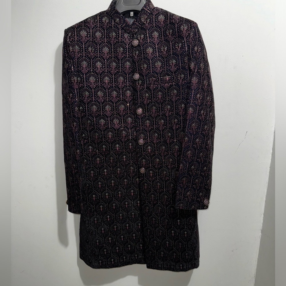 Embroidered Velvet Plum Sherwani Kurta